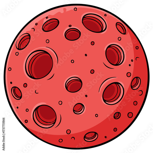 Vibrant red cartoon planet with numerous impact craters illustration