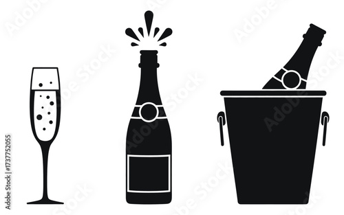 A set of black silhouette icons representing a champagne celebration with a glass, a popping bottle, and a bottle in an ice bucket.