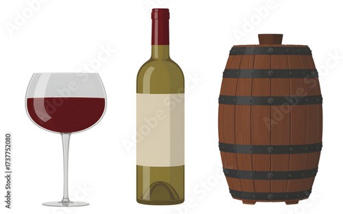 A vector illustration set of wine items including a glass of red wine, a bottle, and a wooden barrel.