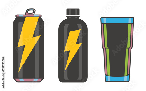 Graphic illustration of energy drink containers, including a can and bottle with a yellow lightning bolt, and a colorful tumbler.