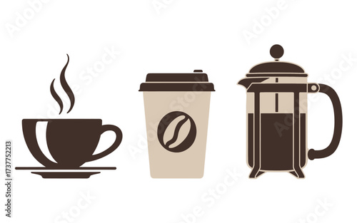 A set of three coffee icons showing a steaming cup, a disposable to-go cup, and a French press coffee maker.