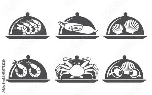 A collection of six monochrome icons depicting various seafood dishes served on cloches, including shrimp, turtle, and scallops.