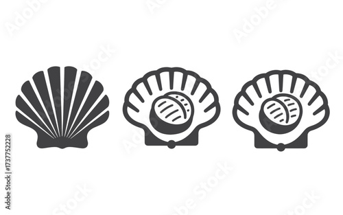 A set of three black and white scallop icons, including a closed shell and two open shells with cooked meat.