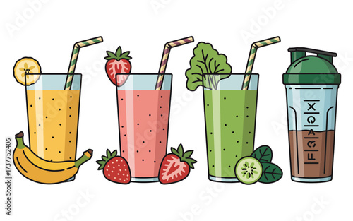 A collection of four colorful healthy drinks, including fruit smoothies and a protein shake in a shaker bottle.