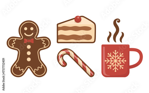 A festive collection of Christmas holiday treats including a gingerbread man, a slice of cake, a candy cane, and a hot beverage.