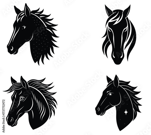Vector art of four black horse head silhouettes, artistic representation of equine profiles