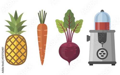 A set of flat vector icons showing a pineapple, carrot, beetroot, and a juicer for making fresh, healthy juice.