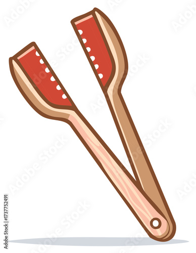 Cooking Tongs with Red Grips and Wooden Handles for Food Service