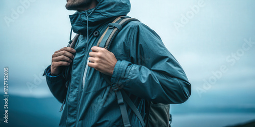Man wearing blue rain jacket with backpack ready for travel and adventure in misty outdoor environment