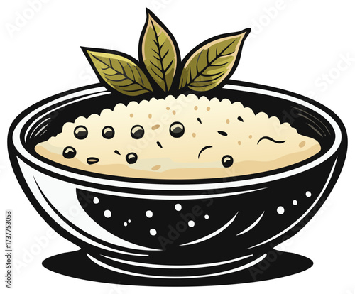 Bowl of Creamy Porridge with Grains and Green Leaves