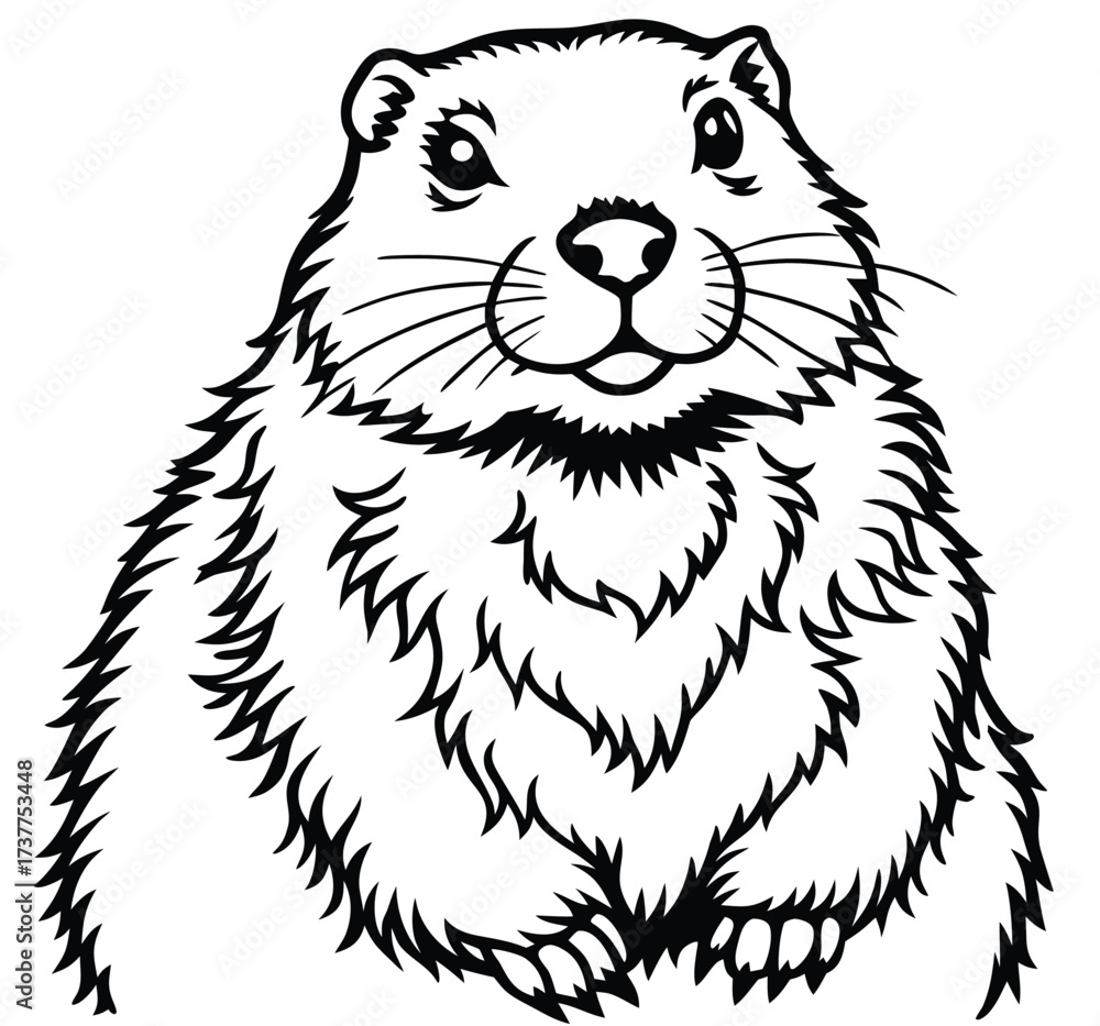 Fototapeta premium A cute cartoon vector illustration of a wild animal, a bear and a squirrel, isolated with black ink and white sketch drawing of a furry pet