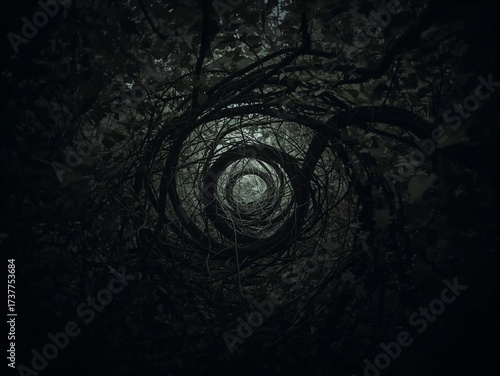 Twisting vines spiral upward through a lush green forest, creating a mystical and enchanting natural scene.