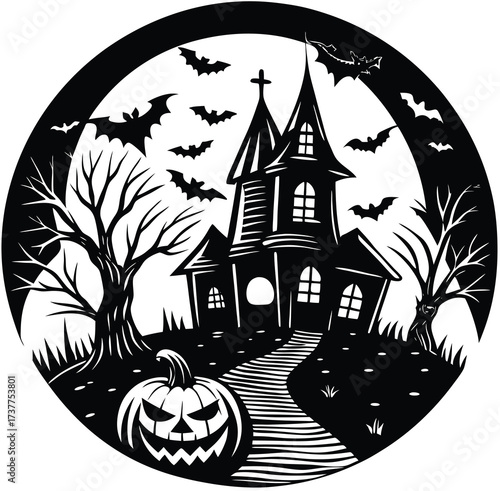 A spooky vector illustration of a haunted house in the dark woods under an October moon silhouette with bats and a pumpkin
