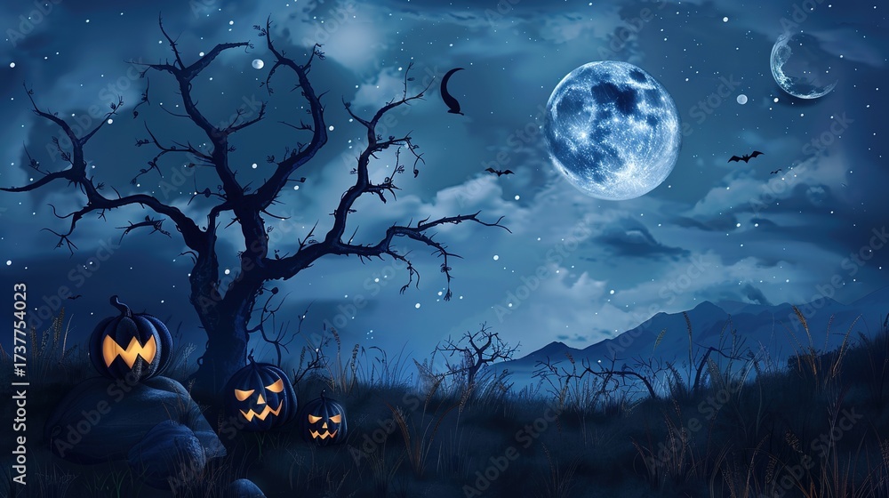 Fototapeta premium Enchanting Halloween Background: A Captivating Scene Under the Velvet Night Sky, Adorned with Twinkling Stars and a Crescent Moon. The Dark Canvas Features Spooky Silhouettes of Gnarled Bare Trees, Gl