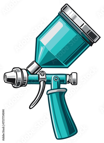 Cartoon illustration of a turquoise automotive paint sprayer gun tool