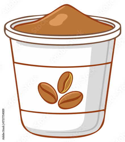 Cartoon single-serve coffee pod with brown coffee grounds and roasted beans graphic illustration