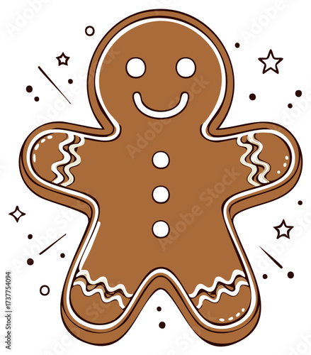 Cute smiling gingerbread man cookie illustration with festive holiday icing