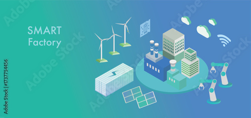 Concept with smart factory or plant buildings. Scene for electric energy production. Cooling towers, wind turbines, solar power system.