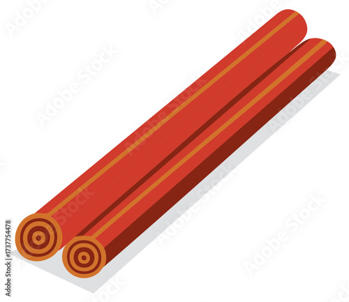Two vibrant red pencils with gold stripes casting a shadow, isolated on white