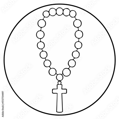Simple rosary beads and crucifix outline illustration representing Christian faith and devotion spirituality