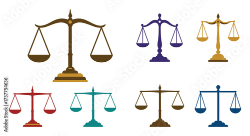Scales of justice in varied colors represent balance and legal systems