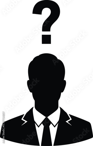 Silhouette of a person with a question mark isolated on white background representing anonymity or uncertainty