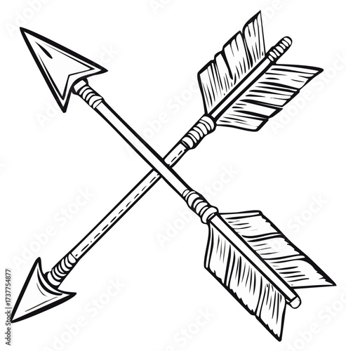 Two antique arrows crossed in a symbol of archery and ancient weaponry