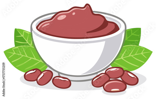 Rich Red Bean Paste or Puree in White Bowl Garnished with Fresh Green Leaves and Whole Beans Vector