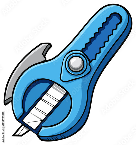 Blue Multi-Tool with Utility Knife and Bottle Opener Cartoon Illustration