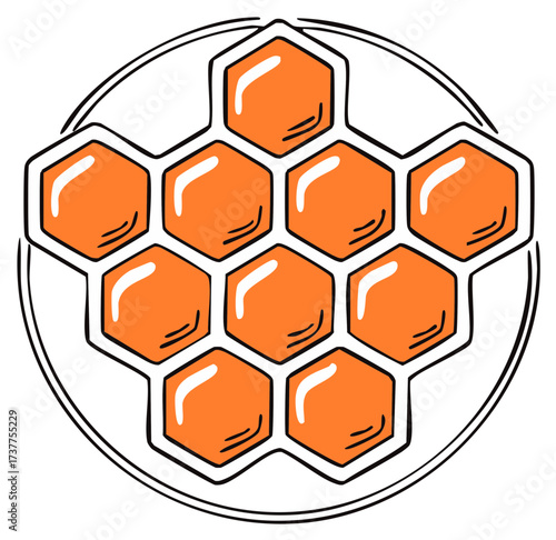Hand-drawn honeycomb design with bright orange hexagons and a circular outline