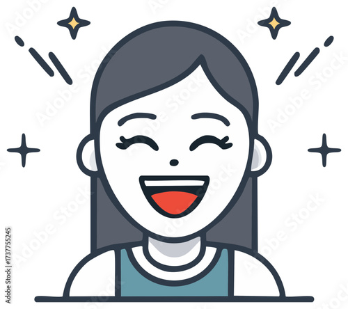 Joyful cartoon illustration of a smiling woman with star bursts, conveying happiness and positive emotions.
