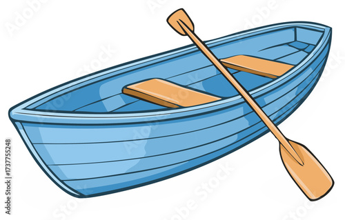 Cartoon Illustration of Blue Rowboat with Wooden Oar for Water Recreation