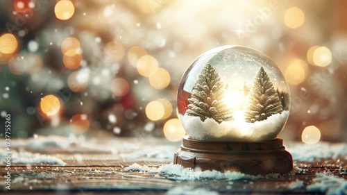 Snow globe with pine trees inside surrounded by festive holiday lights and snowfall.