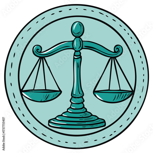 Hand-drawn illustration of balanced scales of justice symbol inside a circular medallion