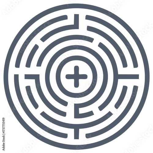 Circular maze with plus symbol in the center symbolizes goal finding and problem solving