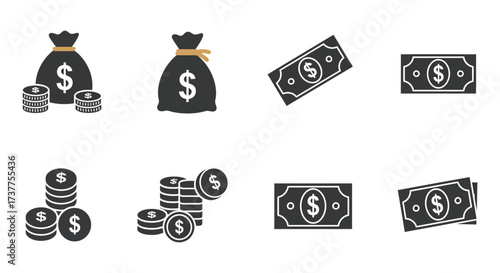 Collection of black money icons including stacks bags and bills