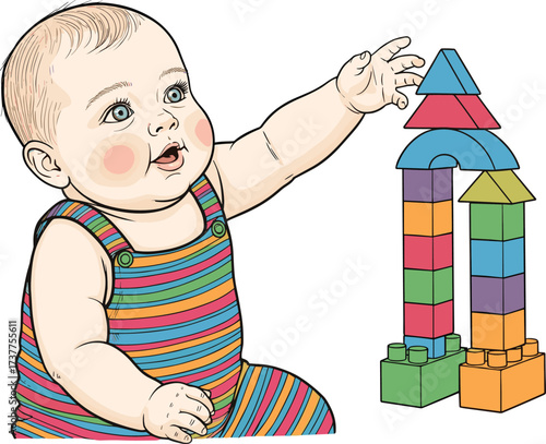 Curious toddler playing with colorful building blocks, early childhood development, educational toys, motor skills, learning through play, vibrant nursery scene