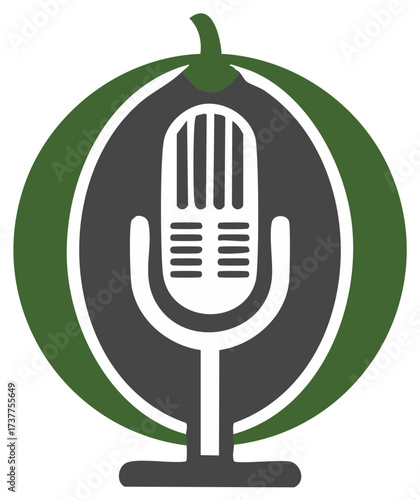 Vintage microphone icon inside a stylized green fruit or melon shape, representing podcasting and natural sound.