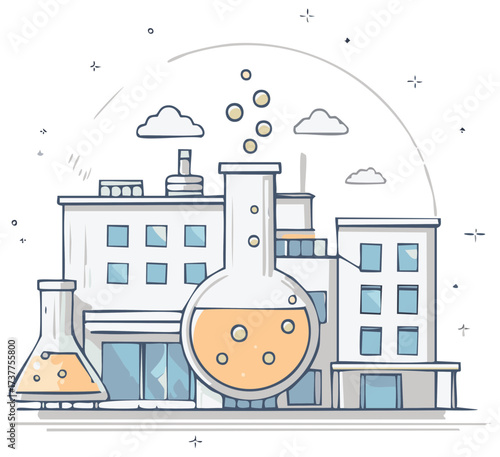Laboratory glassware and factory buildings illustration symbolizing science and industry
