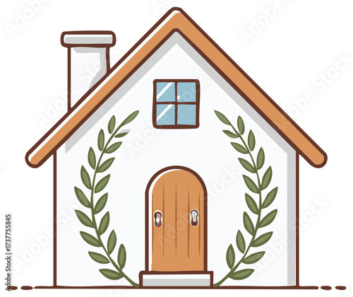 Charming cartoon house with laurel wreath and chimney