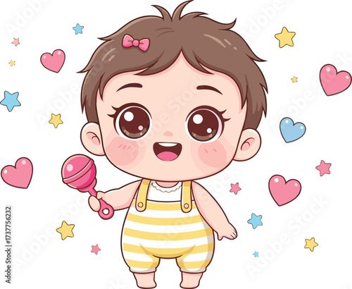 Smiling baby, cartoon infant, pink rattle, cheerful child, cute illustration, playful baby, adorable character, colorful hearts, stars, sparkles