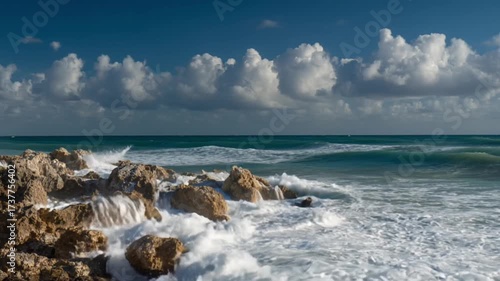Ocean waves crashing against rocky shore under cloudy sky.