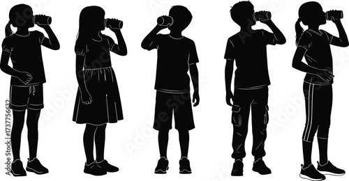 Children silhouettes drinking water from bottles — healthy hydration, active kids, sports recovery, school break, wellness habits, youth lifestyle, outdoor play, daily routine.
