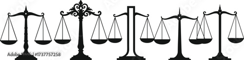 Balance scale silhouette set, justice symbol vector illustration, black legal icon design for fairness, equality, law, and philosophy themes