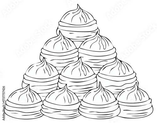 Black and white outline illustration of sweet meringue cookies stacked in a pyramid shape