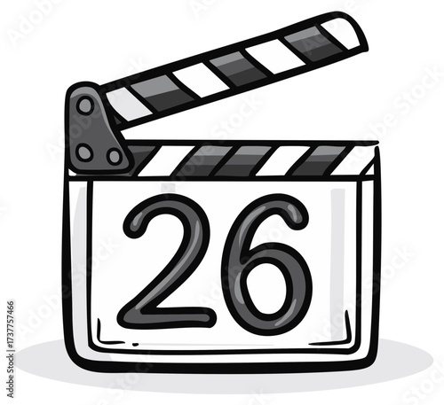 Clapperboard illustration with the number twenty six, film production concept.
