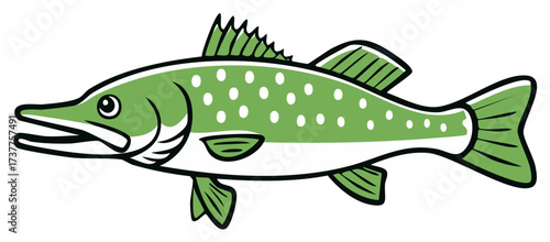 Green fish illustration, stylized cartoon of aquatic creature isolated on white background
