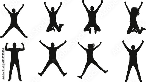 Celebration pose silhouette vector set, jumping people clipart, black human figures, energetic body movement, joyful action icons, dance graphic