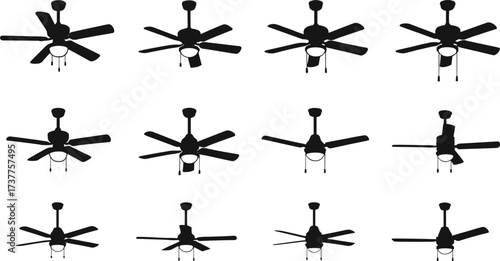 Ceiling fan silhouette vector set, black fan icons, home appliance clipart, blade variations, top view graphic, interior design element
