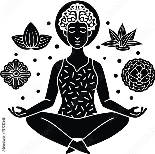 A serene vector illustration shows a woman in the silhouette of the yoga lotus pose, meditating for relaxation and zen